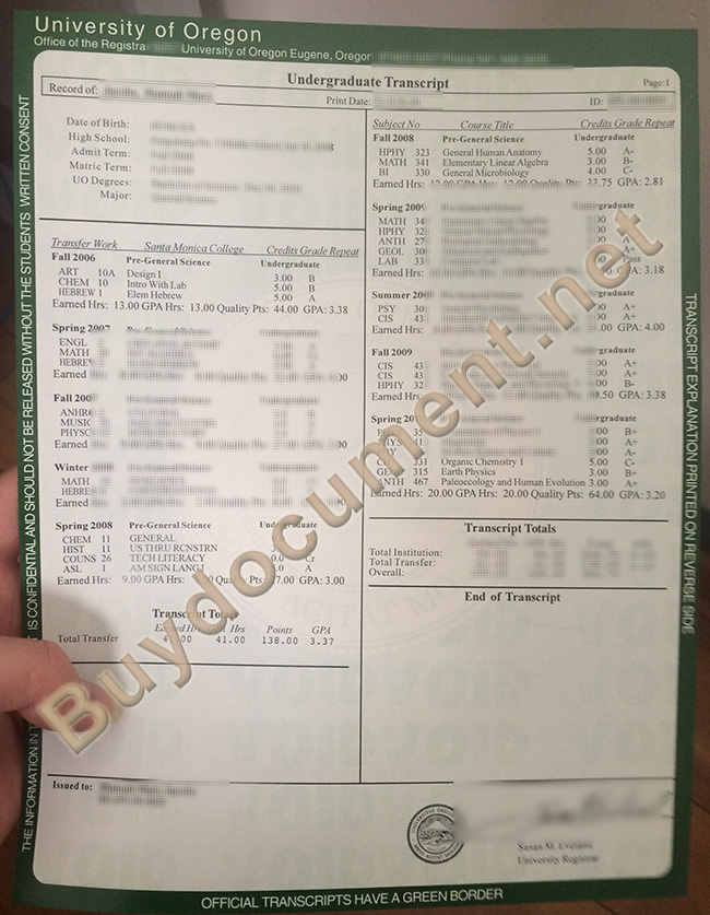 University of Oregon diploma, University of Oregon transcript