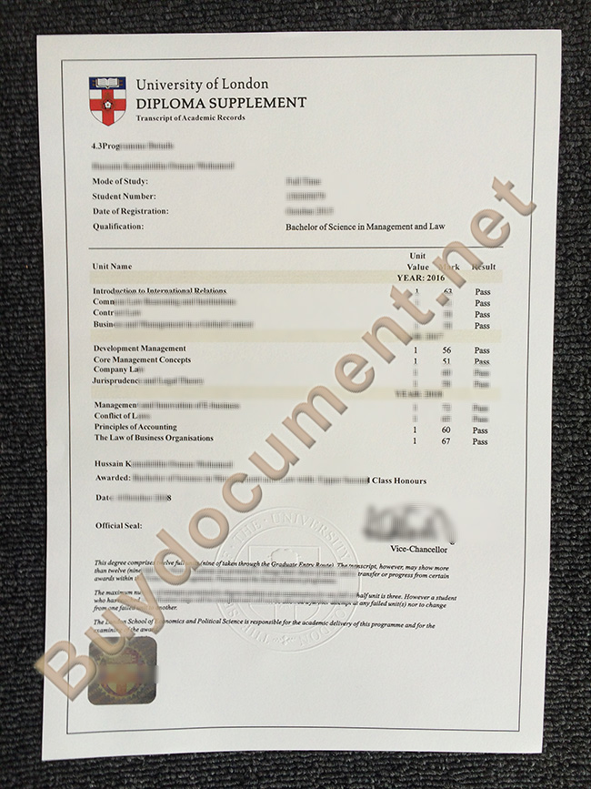 University of London transcript, University of London diploma