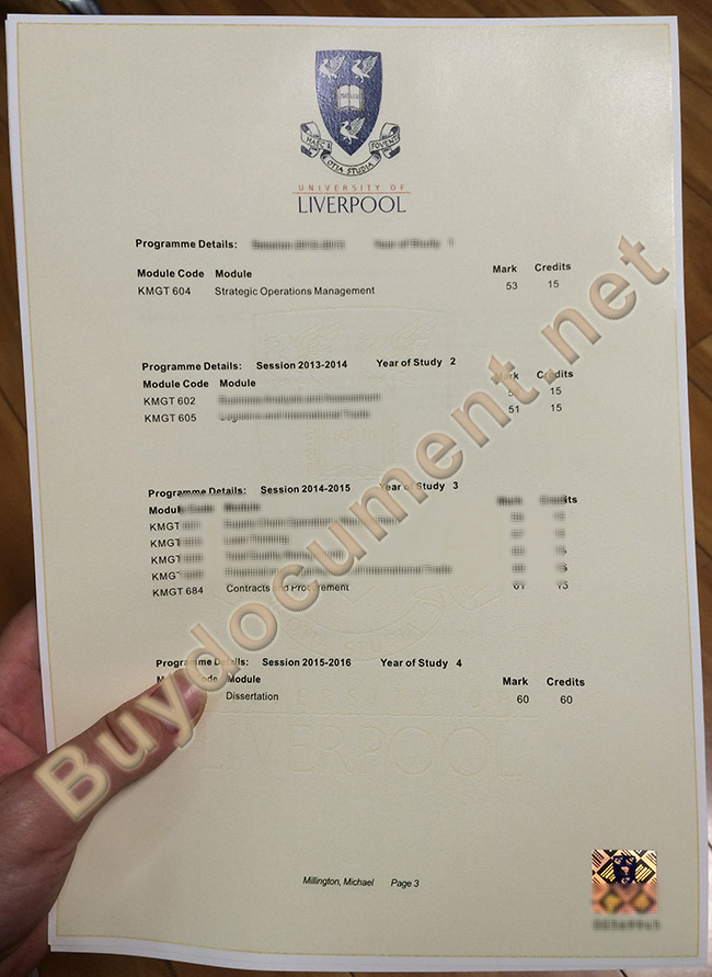 University of Liverpool transcript, University of Liverpool diploma